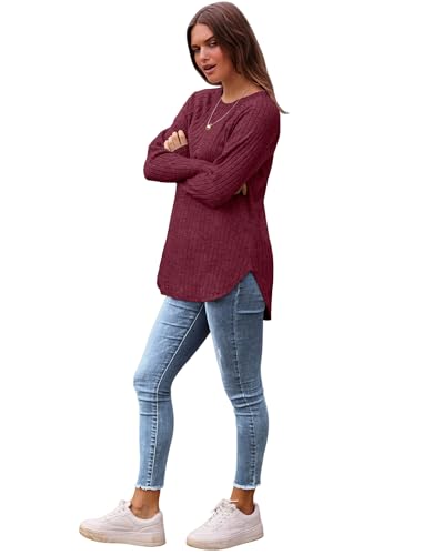 Image of Saloogoe Long Sleeve Shirts for Women 2025 Fall Clothes Tunic Tops Loose Fit Dressy Crewneck Pullover Sweaters Curved Hem