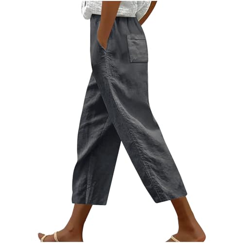 Capri Pants for Women Casual Summer Beach Elastic High Waist Pant Straight Wide Leg Cropped Trousers with Pockets