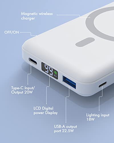 Podoru Wireless Portable Charger, Foldable Magnetic 10000Mah Power Bank 15W Fast Wireless Charging 22.5W Pd Type-C Lighting Led Display Mag-Safe Battery Pack For Iphone 12/13/Mini/Pro/Pro Max -White #TOP4