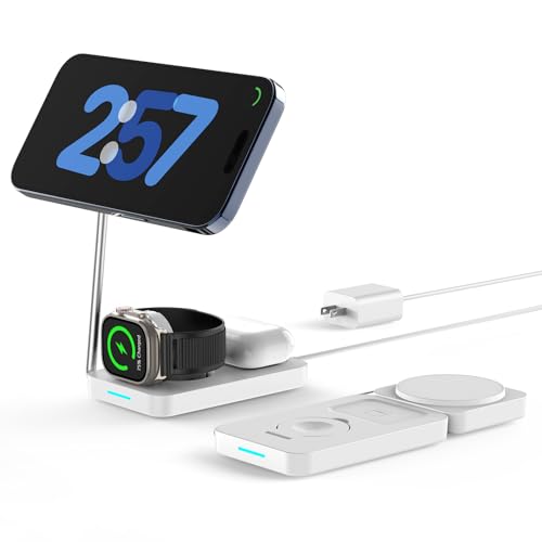 Station de charge sans fil 3 en 1 blanc pliable pour iPhone 16 et Apple Watch