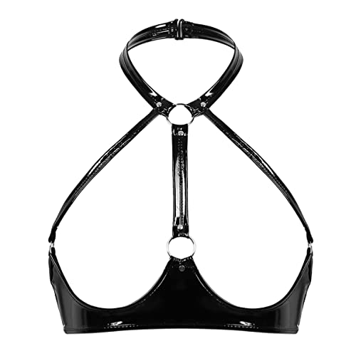 Aislor Hebe BH Offen Damen Latex BH Neckholder Wetlook Oberteil Busenfrei Sex Reizwäsche Brust Harness Kostüm Gogo Top Clubwear Schwarz B 3XL