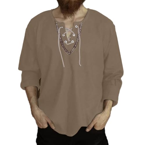 Men's Fashion Cotton Linen Shirts Casual Long Sleeve Lace Up Drawstring Hippie Beach T-Shirts Yoga Summer Top Khaki