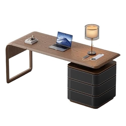 QINGGANG-0224 スタンディングデスク ホームオフィスデスク 収納と充電コンセント付き モダンなライティングワークステーション キャビネット付き ウォールナット 自宅用 勉強用 ライティング用 (ブラック, M)