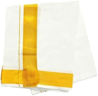 Global Men’s Traditional White Cotton Dhoti with Golden Border | South Indian Mundu Veshti for Weddings, Festivals & Traditional Wear