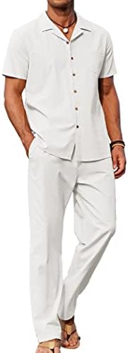 COOFANDY Mens Casual Linen 2 Piece Outfit Set Cotton Beach Pant Guayabera Shirts