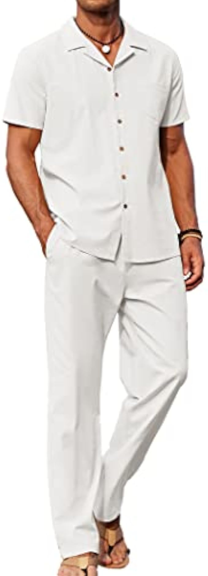 COOFANDY Men 2 Piece Linen Outfit Beach Button Down Shirt Casual Loose Pant Sets