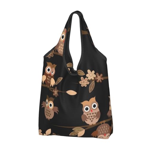 Sac de courses réutilisable pliable grand format motif hiboux marron