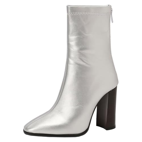 HSyc JRX Botines de mujer Tacones altos Tacón Botas altas Botines cortos, Plata Pu, 34 EU