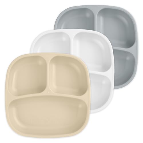 Re-Play Toddler Plates with Dividers - Deep-Walled 3 Compartments Divided Plates for Kids - Dishwasher & Microwave Safe - Made in USA - Set of 3-7.37' x 7.37' x 1.25' - Seashell
