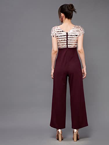 Image of Miss Chase Women's Halter Neck Sleeveless Solid Wide Leg Sequin Paneled Regular Length Jumpsuit