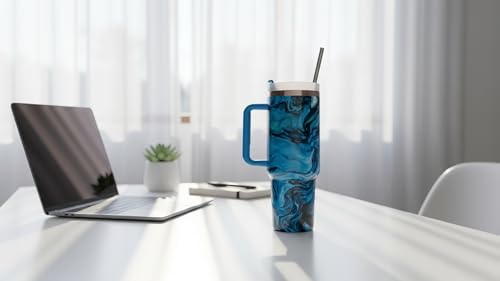 Image of Insulated Tumbler with Handle and Straw | BPA Free Reusable Travel Mug with Straw Mode Lid | Stain & Odour Resistant | Easy to Clean Drink Cup for Hot & Cold Beverages (Marble Glossy Purple)