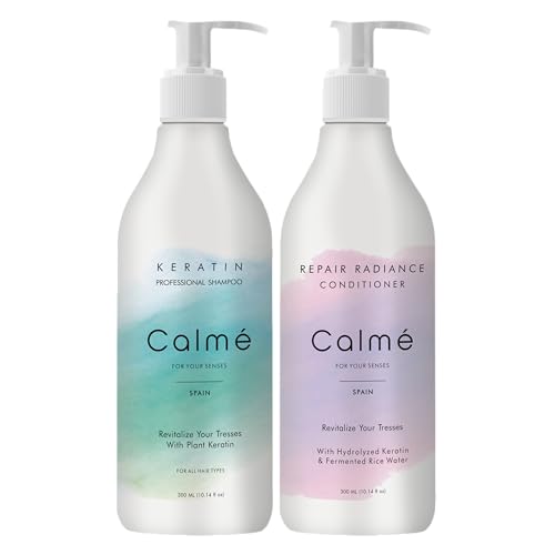 CALME Keratin Smooth Sulphate Free Shampoo & Conditioner Combo | Biotin & Collagen Volumizing | Deep Treatment with Onion Oil & wheat Protein for Shiny Hair - Nourishes & Controls Frizz| 2 X 300ml