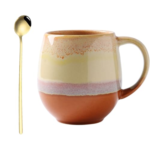 Cteahrow 500 ml Große Porzellan Kaffeetasse Becher,Mit Löffel,Tasse Steingut,Cappuccino Tassen,Teetasse,Geeignet für Büro und Zuhause(Gelb)