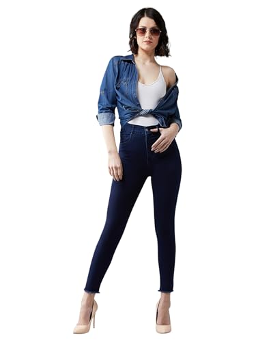 Image of Miss Chase Women's Skinny High Rise Cropped Fringed Hemline Detailing Stretchable Denim Jeans