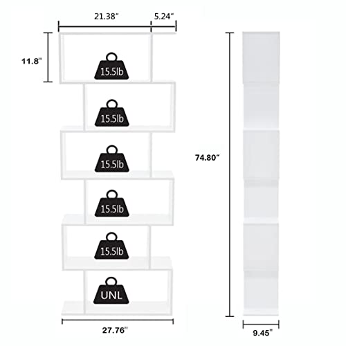 Yusong Bookshelf 6-Tier, Geometric Bookcase S Shaped Book Shelves For Bedroom, Modern Wood Decorative Display Shelf Tall Book Case For Home Office, White #TOP2