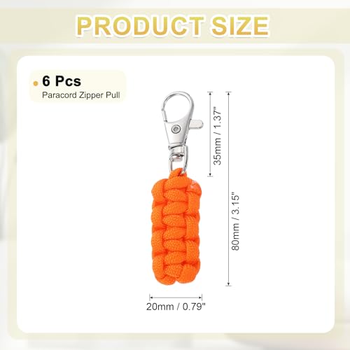 Image of YELARXI Paracord Zipper Pull Polyester Zipper Pulls Replacement Woven Rope with Metal Clasp, 80 mm Length Fit for Backpacks Clothing Luggage Accessories - Cylinder (6 Pack, Orange)