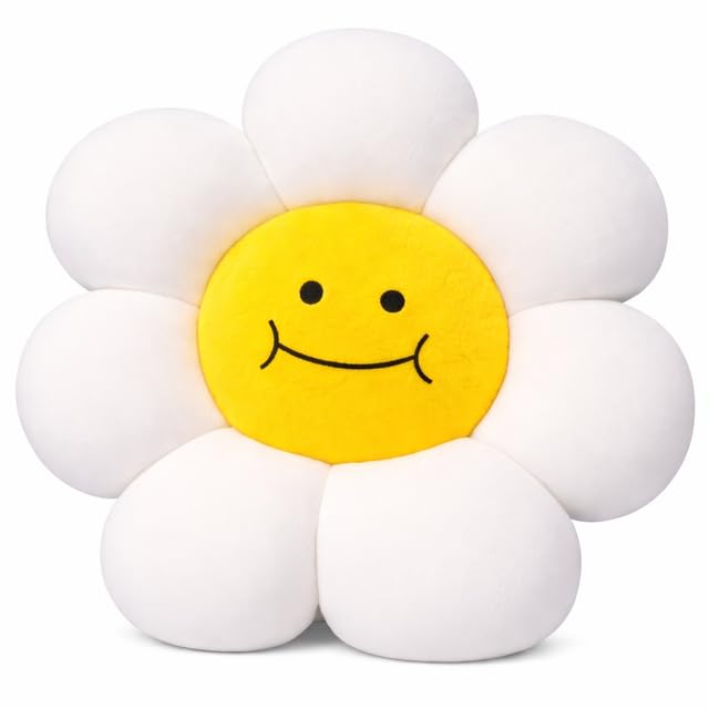 Image of AVSHUB Smiley Flower Cushion 40 cm | Soft Plush Pillow for Sofa Bed Decor | Cute Round Floral Shape Throw Cushion for Kids Room Living Room Gift Item (White)