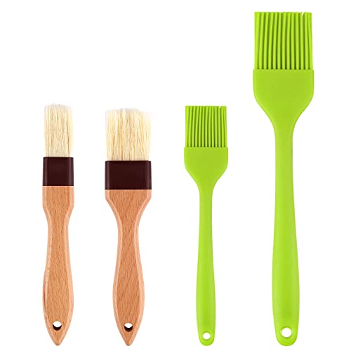 Parthan 4 Stück Set Backpinsel Mit Holzgriff - Hitzebeständige Naturborsten Zum Backen Und Grillen, Vielseitig Einsetzbar, Lebensmittel Pinsel (1 Zoll, 2 Zoll