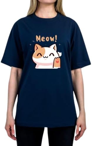 RARE BEAR Women's Meow Print Pure Cotton Half Sleeve Oversized T-Shirts for Women & Girls (Small, Yellow)