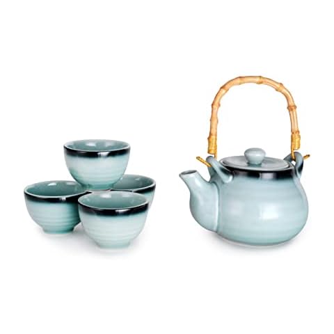 Hinomaru Collection Kagetsu Reaktives Tee-Set aus glasiertem Porzellan, japanischer Stil, 750 ml, Teekanne mit Rattan-Griff und vier Teetassen Cover