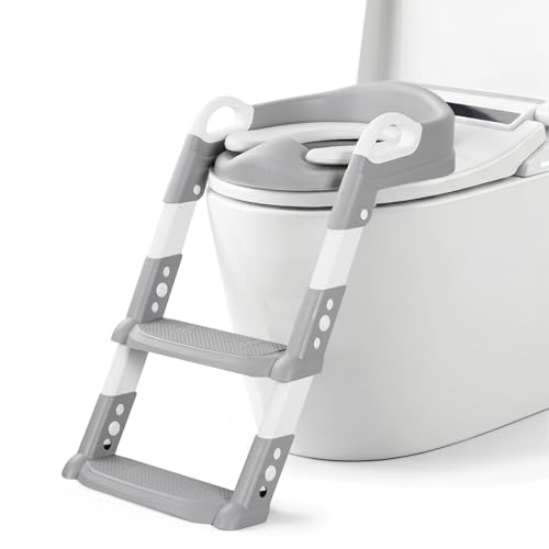 SKY-TOUCH Kids Potty Training Seat with Steps Adjustable Toddlers Potty Toilet Trainer Toilet Ladder Seat Folding Childrens Toilet Training with Steps Non Slip & Space Efficient for Boys GirlsGrey