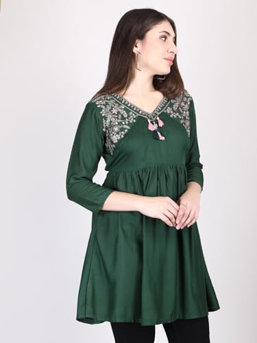 Image of VOMIRA Women Rayon Cotton Short Kurti Embroiderd Straight Kurta Women's Tunic Tops