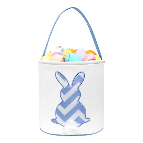 Image of Easter Bunny Baskets, Easter Egg Hunt Bunny Bags Little Baskets with Fluffy Tail Canvas Cotton Rabbit Handbag Bucket Tote Bag for Kids Girls (Wave Pattern,Blue)