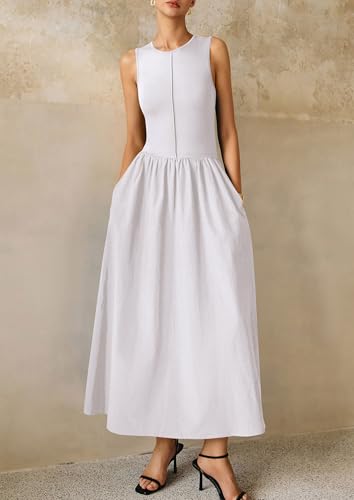 Image of PRETTYGARDEN Maxi Dresses for Women 2026 Summer Casual Sleeveless Patchwork Flowy Vacation Sundress Knit Long Work Tank Dress