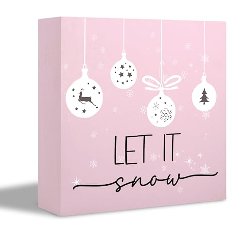 kunlisa Panneau de Noël rose en bois, panneau « Let It Snow », décoration de Noël rose, décoration de Noël « Let It Snow » pour décoration d'intérieur, 12,7 x 12,7 cm (rose)