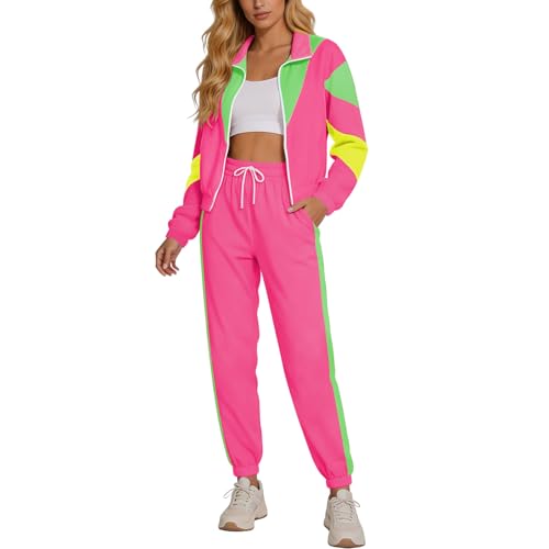 Aluvee 80s Track Suit Women Set 80s 90s Outfit Color Block Windbreaker Jacket Tracksuit Set Retro Themed Party costumes