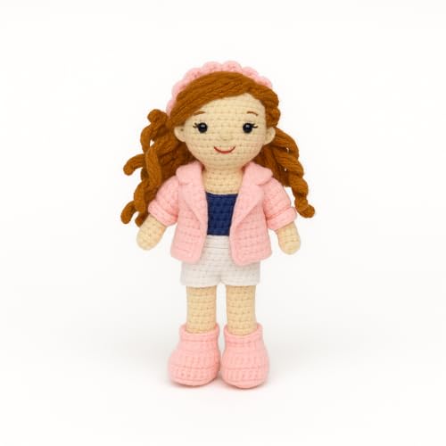 Image of Sutra Handmade Crochet Doll in Pink Jacket & White Skirt | Amigurumi Wool Plush Toy | Soft Gift for Kids, Nursery & Home Decor