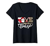 donna love med surg infermiera santa stetoscopio leopardo natale maglietta con collo a v