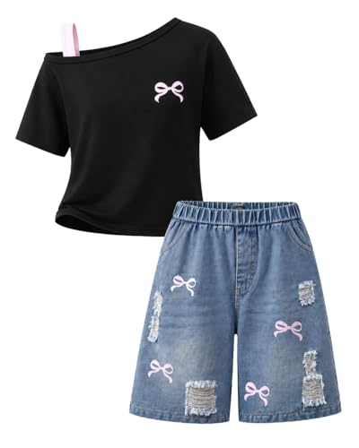 Image of Azmxynol Tween Girl Clothes Summer 2 Piece Outfit Set Trendy Tee Shirt + Denim Shorts, Size 7-16 Years