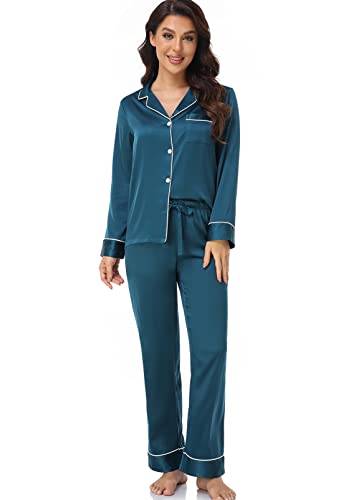 Image of Serenedelicacy Women's Satin Pajama Set Long Sleeve Button Down Sleepwear 2-Piece Silky Pj Set