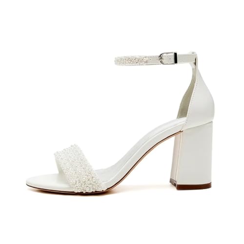 High Block Heel Wedding Sandals Beaded Wedding Shoes for Bride Ankle Strap Bridal Heels3