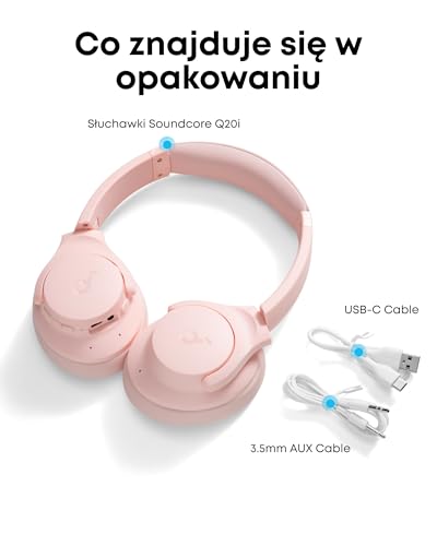 Słuchawki hybrydowe Soundcore by Anker Q20i z aktywną redukcją szumów, bezprzewodowe nauszne Bluetooth, 40-godzinny czas odtwarzania ANC, dźwięk o wysokiej rozdzielczości, mocny bas, możliwość persona