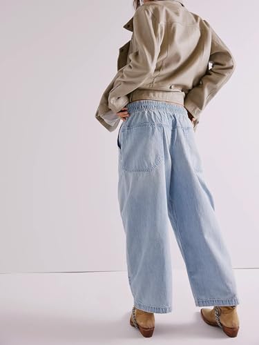 chouyatou Women's Drawstring Waist Barrel Jeans Boyfriend Baggy Loose Jeans Wide Leg Capri Denim Pants with Pockets4