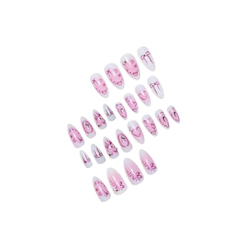 Image of Pink Ombre Press on Nails Heart Fake Nails Short Almond False Nail with Pearl Design Bowknot Glue on Nails Glossy Acrylic Full Cover Flower Stick on Nail for Women Valentine's Day Manicure
