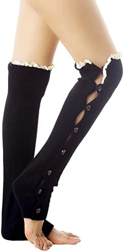 iB-iP Women's Knitting Button Down Light Eyelet Lace Cuff Knee High Leg Warmers, Size: One Size, Black