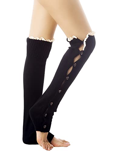 Ib-Ip Women's Knitting Button Down Light Eyelet Lace Cuff Knee High Leg Warmers, Size: One Size, Black #TOP3