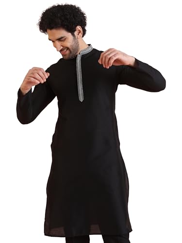 Image of KISAH Men's Navy Blue Printed Cotton Kurta - Regular Fit Long Tunic with Mandarin Collar | Ethnic Wear for Weddings & Festive Occasions