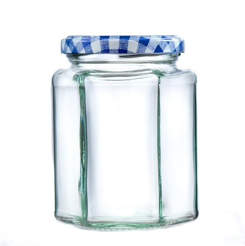 340g (280ml) Hexagonal Glass Jam Jars - Marmalade, Honey hex Jar (Blue Gingham Lid, Pack of 100)