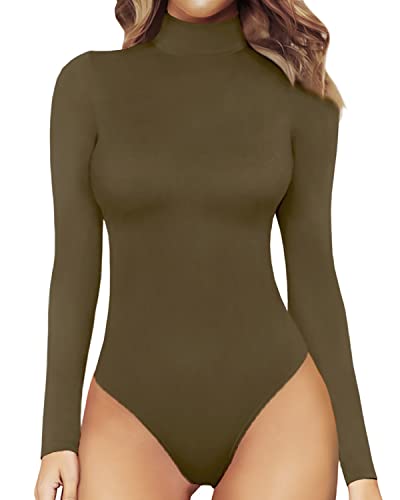 MANGOPOP Body à manches longues et col roulé pour femme, Manches Longues Vert Armée, Small Cover