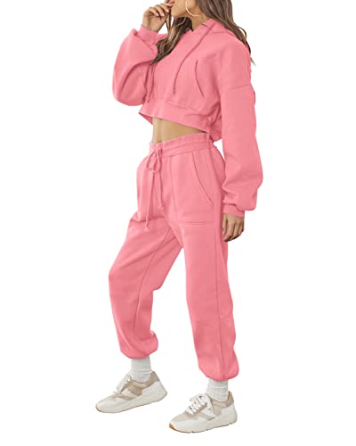 Sweatsuit For Women Two Piece Outfits Loungewear Set Casual Wear Long Sleeve Crop Top Hoodie Sweatshirt Sweat Pants Jogger Athletic Track Suits Pink, S #TOP25