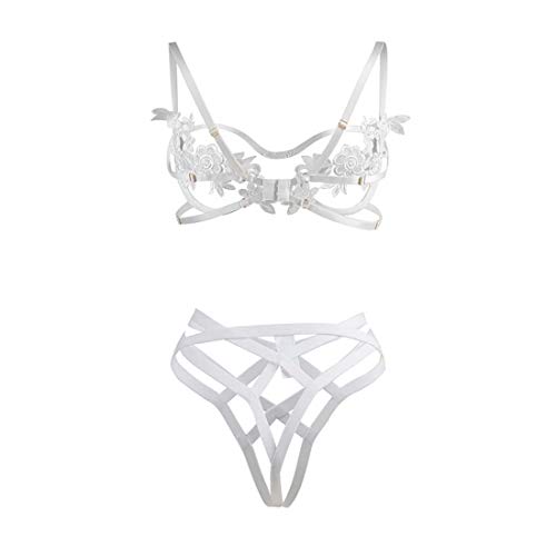 Fusmaker Plus Size Sexy Lingerie 3-Punkt-Anzug, Ausschnitt See-Through-Spitze Sexy BH Höschen,Weiß,XL Cover