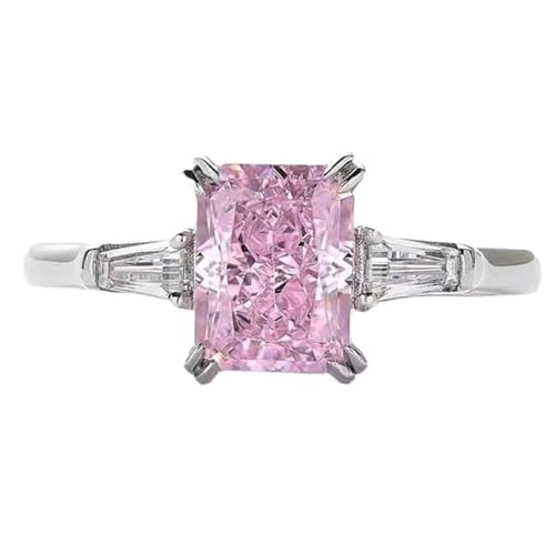 Htayekog 925 Sterling Silver Fashion Square Pink Diamond Zirconium Ring Personalized Promise Ring Women's 18K Gold Plated Sweet Temperament Square Diamond Ring Engagement Ring for Women (8)