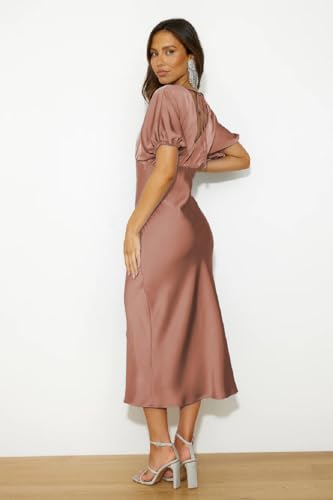 Image of Summer Satin V Neck Puffy Sleeves Empire Waist Midi Dresser Silk Sexy Tie Back Formal Cocktail Dresser for Women Wedding