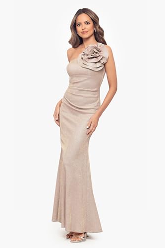 Image of Betsy & Adam Women's Floor-Length, One-Shoulder, Glittered, with Floral Detail and Fitted Silhouette