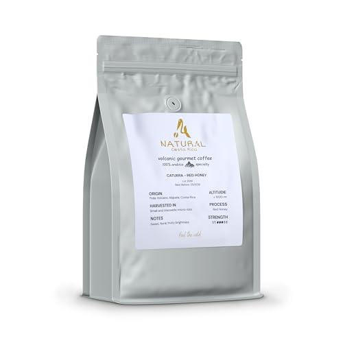 Café de especialidad en grano 100% arábica cultivo de altura grano de oro origen volcánico activo Costa Rica tueste medio tostado reciente proceso secado al sol empaque bolsa hermética (900g, Caturra)