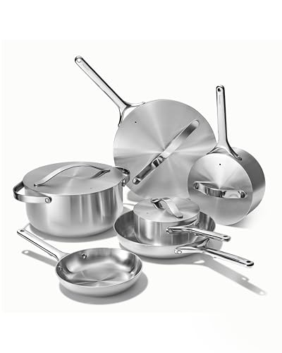 Image of Caraway Stainless Steel Deluxe Cookware Set (16 Piece) - 5-Ply Stainless Steel Pots, Frying Pans, Lids and Kitchen Storage - Non Toxic, PTFE & PFOA Free